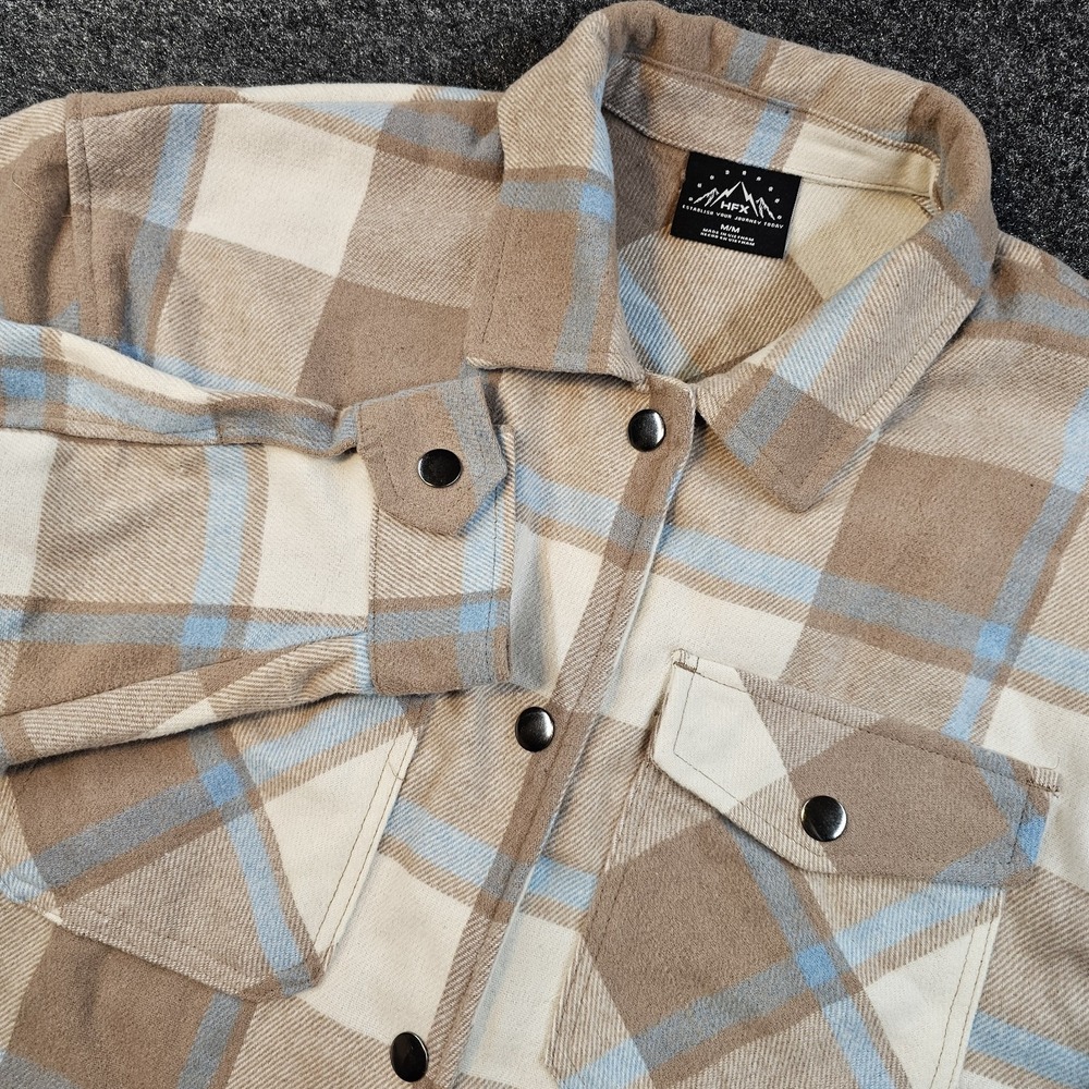 HFX Plaid Flannel Shacket Mens M Snap Front Tan Blue Wool Blend Shirt Jacket